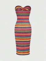 Color Block Twisted Strapless Dress - 2