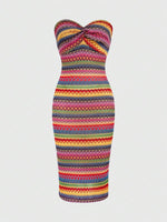 Color Block Twisted Strapless Dress - 3