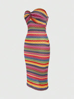 Color Block Twisted Strapless Dress - 4