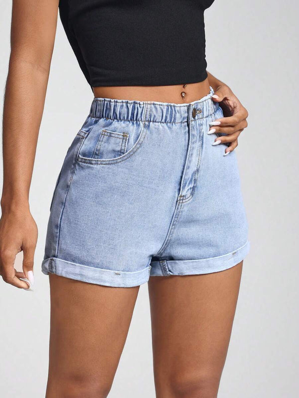 High Waist Hem Denim Shorts