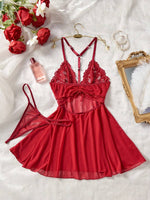 Wine Red Lace Nightgown Set - 3