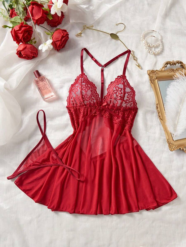 Wine Red Lace Nightgown Set
