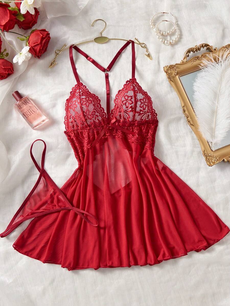 Wine Red Lace Nightgown Set