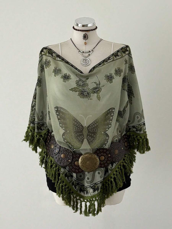 Boho Tie-Dye Fringe Poncho Top
