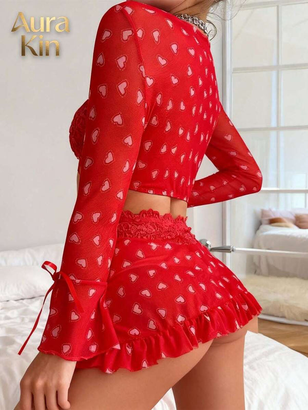 Red Heart Sheer Lingerie Set